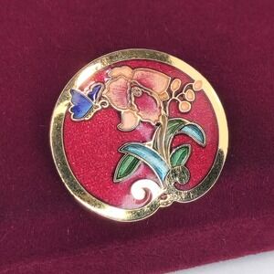 Vintage SG Signed Cloisonne Enamel Flower Butterfly Brooch Pin Gold Tone Red